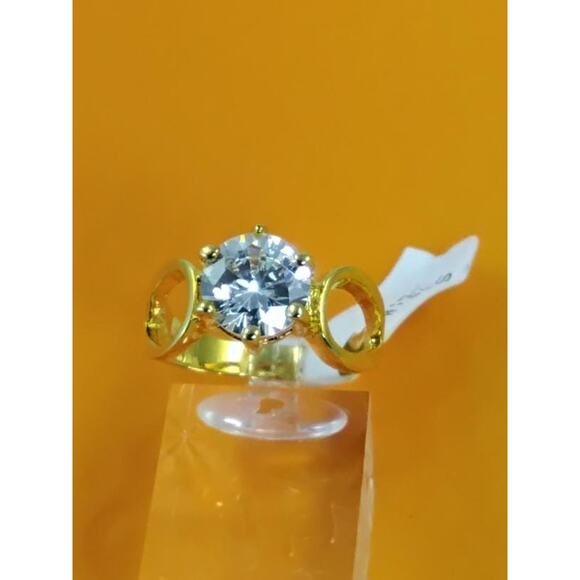 1990s Gold Plated 3.25 CT Size 9 Solitaire Engagement Cocktail Sim Diamond Ring - Picture 7 of 10